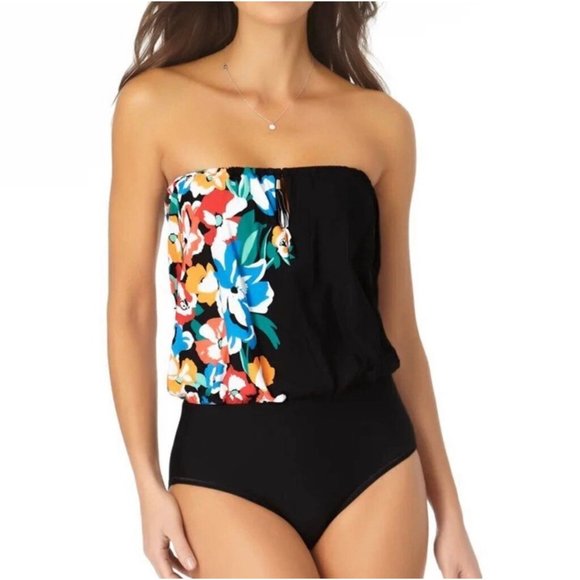 Anne Cole Other - Anne Cole Blouson Keyhole Tassel One Piece Bandeau Floral One Piece Swimsuit